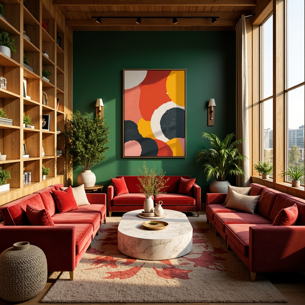 Prompt: Vibrant living room, warm golden lighting, rich wood furniture, plush velvet sofas, emerald green accent walls, bold red throw pillows, creamy white marble coffee tables, abstract art pieces, eclectic decorative vases, lush greenery, floor-to-ceiling windows, natural light pouring in, cozy reading nooks, soft warm rugs, 1/1 composition, shallow depth of field, realistic textures, ambient occlusion.