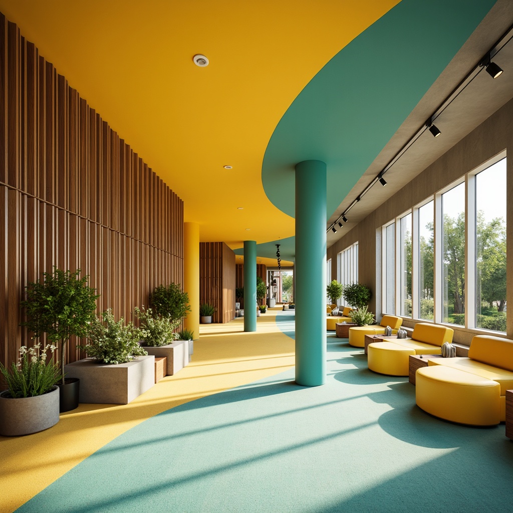 Prompt: Vibrant light yellow accents, bold turquoise contrasts, warm beige backgrounds, rich brown wood textures, sleek metallic surfaces, modern minimalist decor, spacious open layouts, abundant natural lighting, airy atmosphere, shallow depth of field, 1/2 composition, soft focus effects, realistic renderings, ambient occlusion.