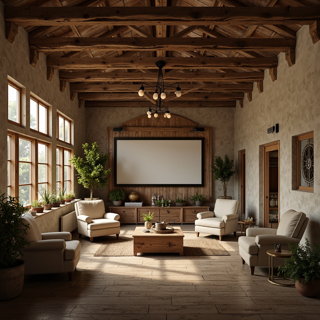 Prompt: Rustic farmhouse interior, vintage theater elements, distressed wood accents, earthy tones, warm beige walls, rich brown wooden beams, soft cream-colored furniture, muted greenery, antique metal decor, dimmed warm lighting, cozy atmosphere, shallow depth of field, 1/1 composition, realistic textures, ambient occlusion.Let me know if this meets your expectations!