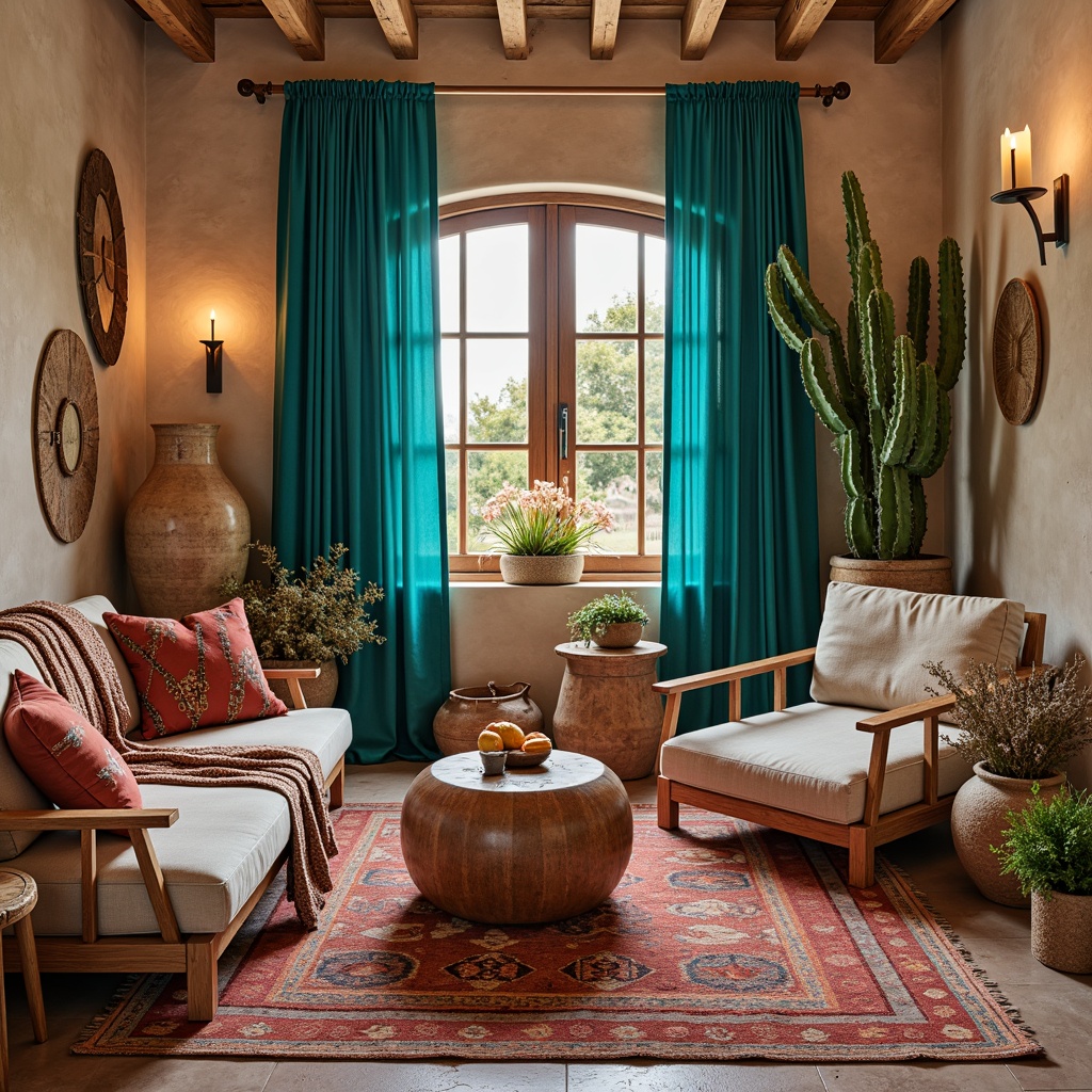 Prompt: Vibrant turquoise fabrics, earthy terracotta hues, woven Native American patterns, plush wool blankets, embroidered Zapotec designs, natural linen drapes, rustic wooden furniture, warm candle lighting, adobe-style architecture, desert botanicals, prickly pear cacti, sandy beige tones, distressed leather accents, Southwestern-inspired pottery, colorful woven baskets, geometric kilim rugs, warm golden hour lighting, shallow depth of field, 3/4 composition.