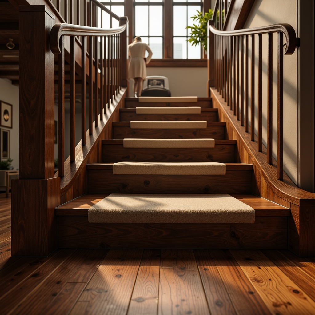 Prompt: Elegant staircase, luxurious wood flooring, rich walnut tones, sleek metal railings, ornate banisters, soft carpeted steps, comfortable padding, warm ambient lighting, 1/2 composition, close-up shot, realistic textures, subtle shadows.