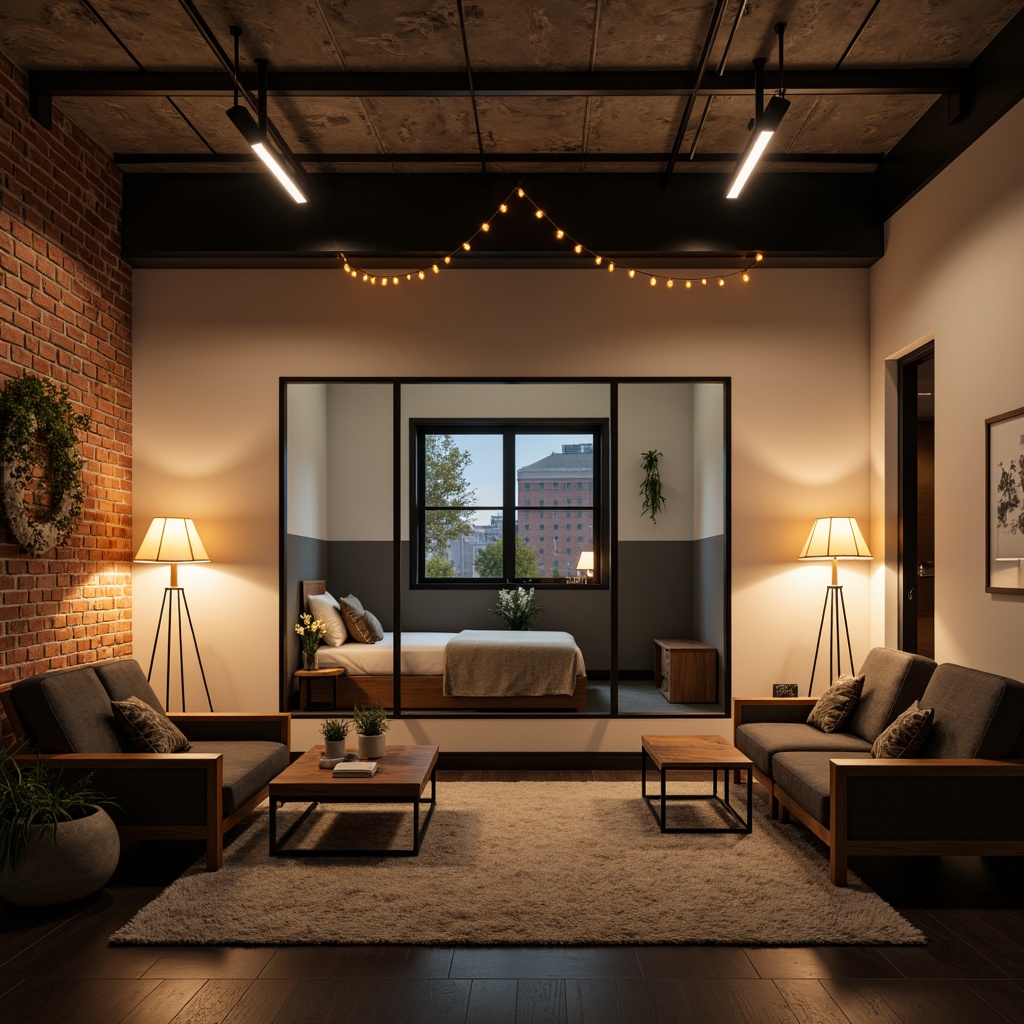 Prompt: Modern dorm room, cozy atmosphere, soft warm glow, floor lamps, table lamps, string lights, LED strips, minimalist decor, simple color scheme, calming ambiance, comfortable seating, plush carpets, wooden furniture, sleek metal frames, frosted glass partitions, urban loft-inspired design, exposed brick walls, industrial chic accents, flexible lighting layouts, task-oriented lighting, energy-efficient solutions, warm white tones, gentle shading, 1/2 composition, shallow depth of field, realistic textures.