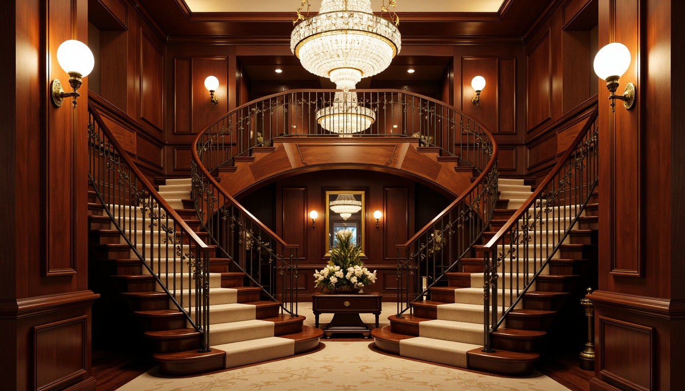 Prompt: Luxurious classic staircase, rich dark wood tones, polished mahogany handrails, ornate metal balusters, grand curved steps, plush carpeted landings, elegant crystal chandeliers, warm golden lighting, soft focus, 1/1 composition, symmetrical framing, refined textures, subtle ambient occlusion.