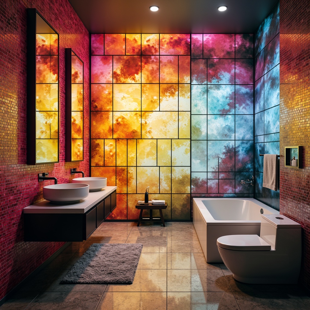 Prompt: Vibrant bathroom interior, colored glass walls, iridescent glass tiles, abstract patterns, bold color schemes, postmodern architecture, sleek fixtures, minimalist sink, futuristic toilet design, LED lighting, misty ambiance, shallow depth of field, 1/2 composition, realistic reflections, ambient occlusion, luxurious textures, rich materials, spa-like atmosphere, warm soft lighting, natural stone flooring, geometric shapes, fragmented forms, deconstructed spaces.