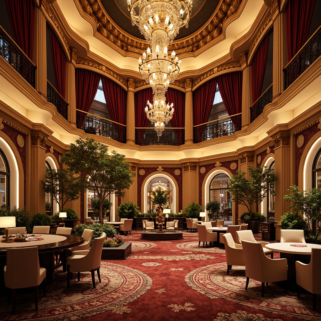 Prompt: Luxurious casino interior, rich velvet drapes, ornate gold accents, crystal chandeliers, intricately patterned carpets, antique furniture pieces, lavish upholstery, marble floors, grand staircases, opulent ceiling designs, warm golden lighting, dramatic archways, fluted columns, intricate moldings, classical sculptures, refined decorative accessories, sophisticated color palette, elegant seating areas, high-stakes gaming tables, exclusive VIP lounges, ornate mirrors, lavish fountains, exotic plants, extravagant centerpieces.