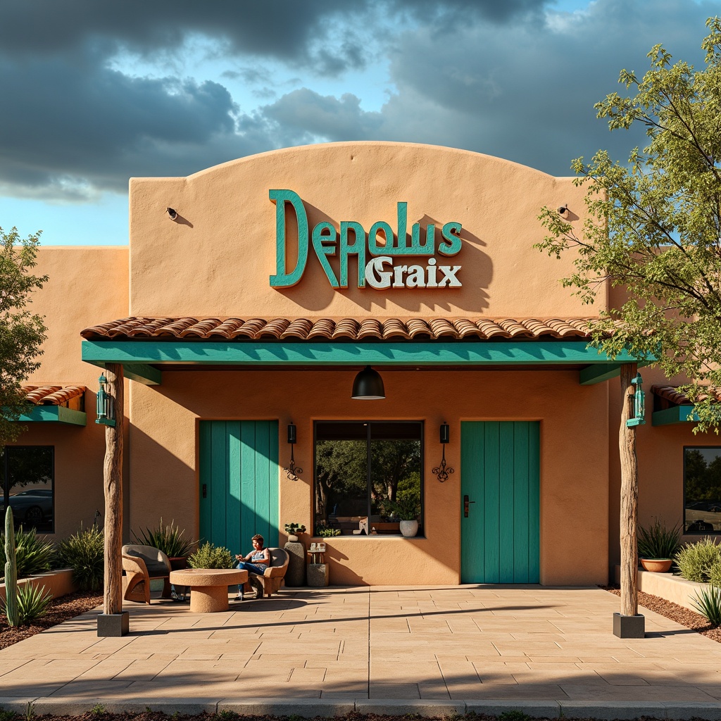 Prompt: Vibrant turquoise accents, earthy adobe tones, rustic wooden beams, desert flora patterns, bold typography, metallic signage, curved rooflines, stucco exteriors, southwestern-inspired tilework, warm sandy colors, cactus silhouettes, dramatic cloud formations, high-contrast lighting, shallow depth of field, 1/2 composition, cinematic atmosphere, realistic textures, ambient occlusion.