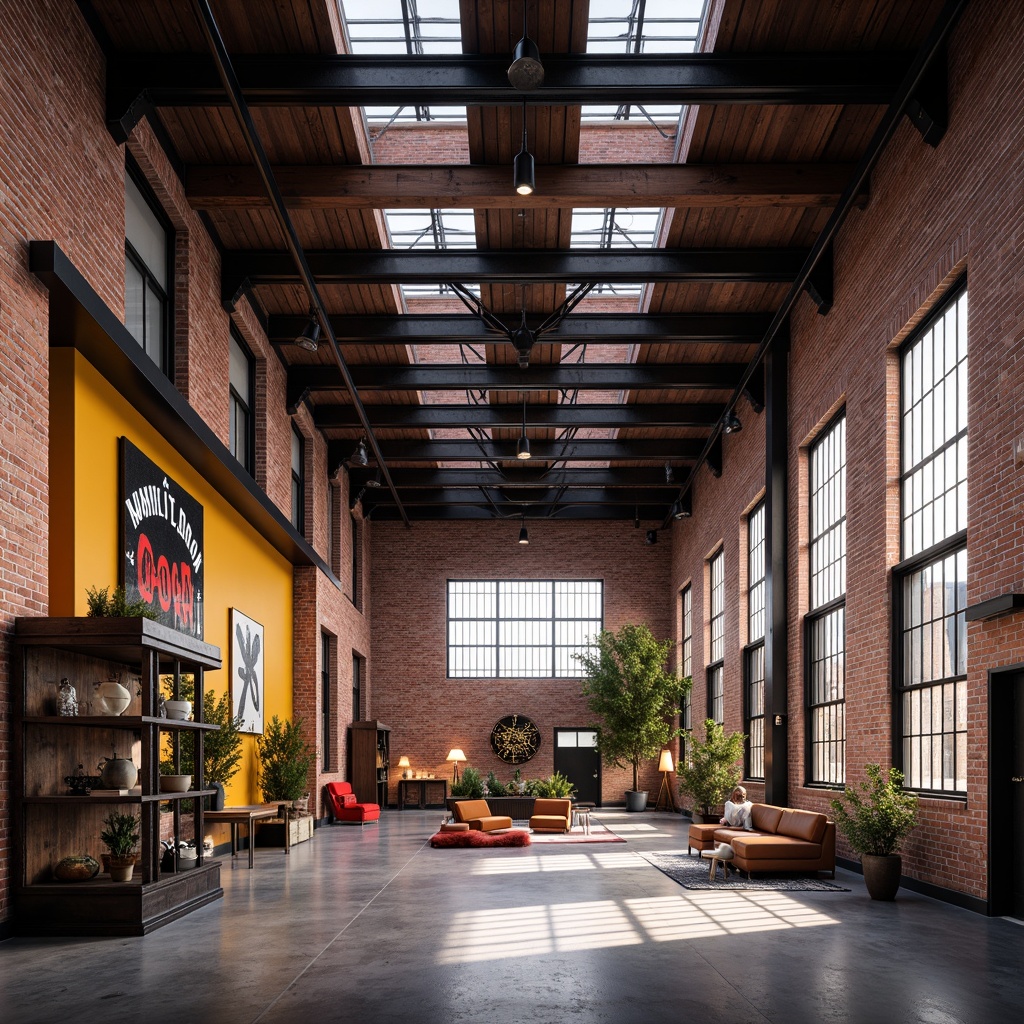 Prompt: Industrial warehouse, exposed brick walls, metal beams, polished concrete floors, vibrant color accents, bold graphic patterns, neon signs, modern LED lighting, minimalist decor, urban loft atmosphere, natural light pouring in, airy open space, eclectic furniture pieces, distressed wood textures, metallic sheen, abstract artwork, geometric shapes, industrial chic aesthetic, dramatic shadows, high contrast colors, 1/2 composition, soft focus effect, realistic rendering.