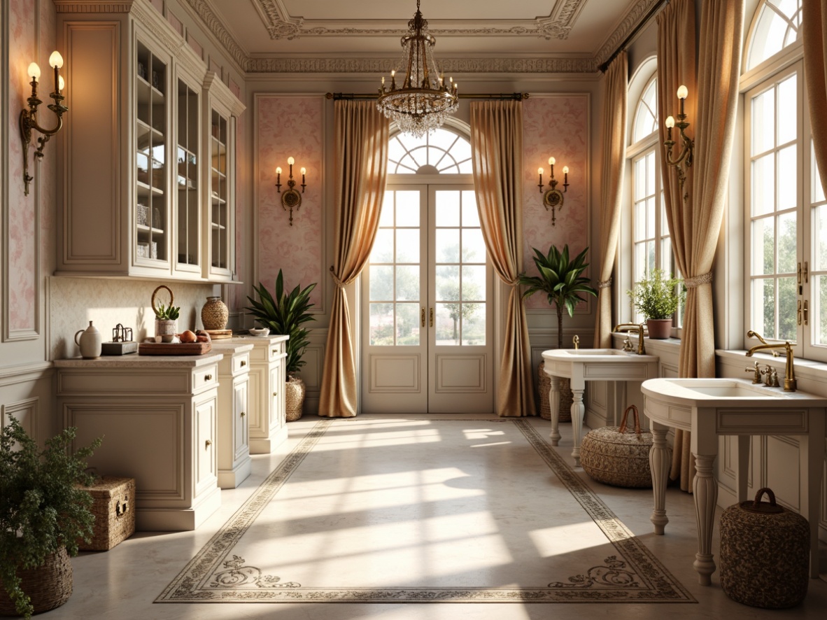 Prompt: \Opulent laundry room, ornate furnishings, soft pastel hues, delicate floral patterns, intricate carvings, gilded accents, crystal chandeliers, ornate sconces, bronze fixtures, marble countertops, velvet drapes, lavish fabrics, warm golden lighting, subtle shadows, 1/1 composition, realistic reflections, ambient occlusion.\