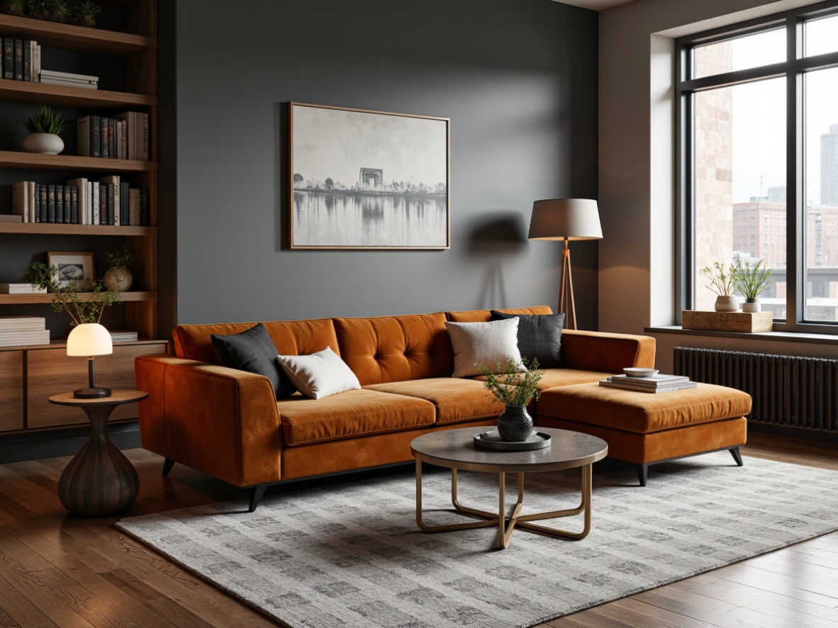 Prompt: Sleek modern living room, low-profile sectional sofa, tufted velvet upholstery, metallic coffee table, minimalist floor lamp, geometric patterned rug, polished chrome accents, curved lines, Scandinavian-inspired design, natural wood tones, matte black frames, abstract artwork, urban loft atmosphere, soft warm lighting, shallow depth of field, 1/1 composition, realistic textures, ambient occlusion.