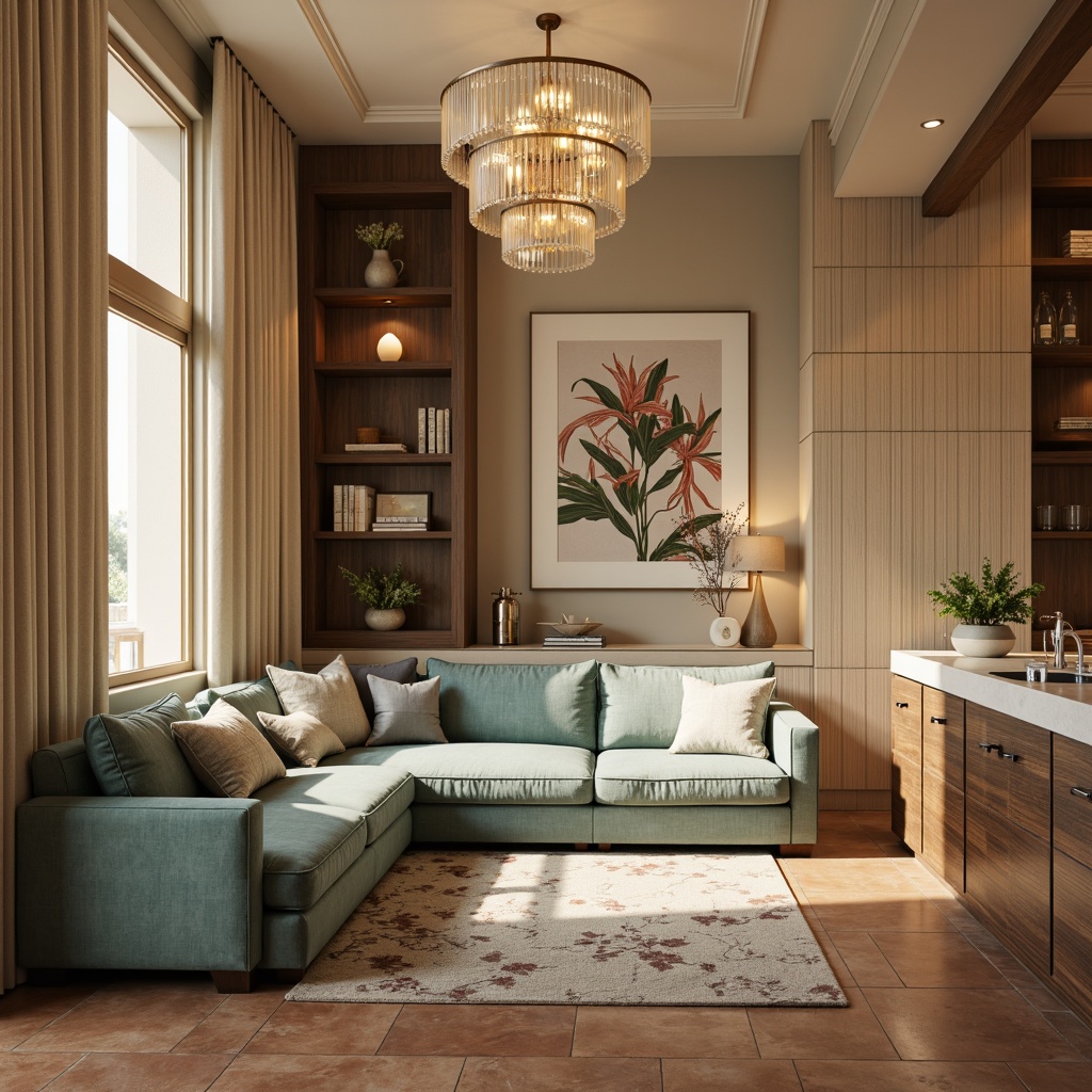 Prompt: Soft beige walls, warm golden lighting, plush velvet sofas, rich walnut wood accents, delicate floral patterns, creamy marble countertops, calming blue-green hues, natural linen textiles, earthy terracotta floors, elegant crystal chandeliers, subtle gradient effects, 1/2 composition, softbox lighting, realistic reflections.