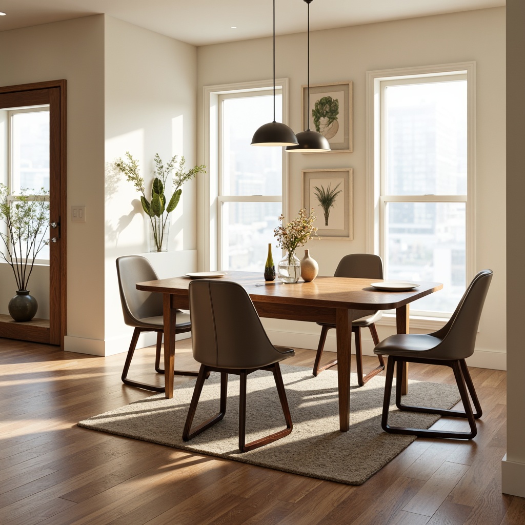 Prompt: Modern dining room, sleek wooden table, ergonomic chairs, pendant lighting fixtures, minimalist decor, elegant vases, fresh flower arrangements, soft cream-colored walls, polished hardwood floors, subtle texture rugs, floor-to-ceiling windows, natural daylight, warm ambient lighting, shallow depth of field, 1/1 composition, realistic reflections, intricate wood grain textures.