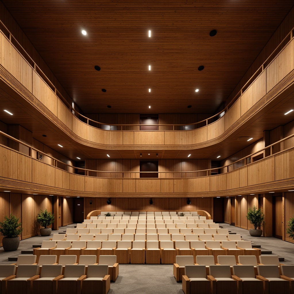 Prompt: Rustic wooden auditorium, mid-century modern design, curved lines, minimal ornamentation, functional simplicity, warm beige tones, rich walnut wood accents, comfortable cushioned seating, tiered rows, stepped platforms, intimate atmosphere, dramatic spotlights, soft diffused lighting, subtle shadows, 1/2 composition, shallow depth of field, realistic textures, ambient occlusion.