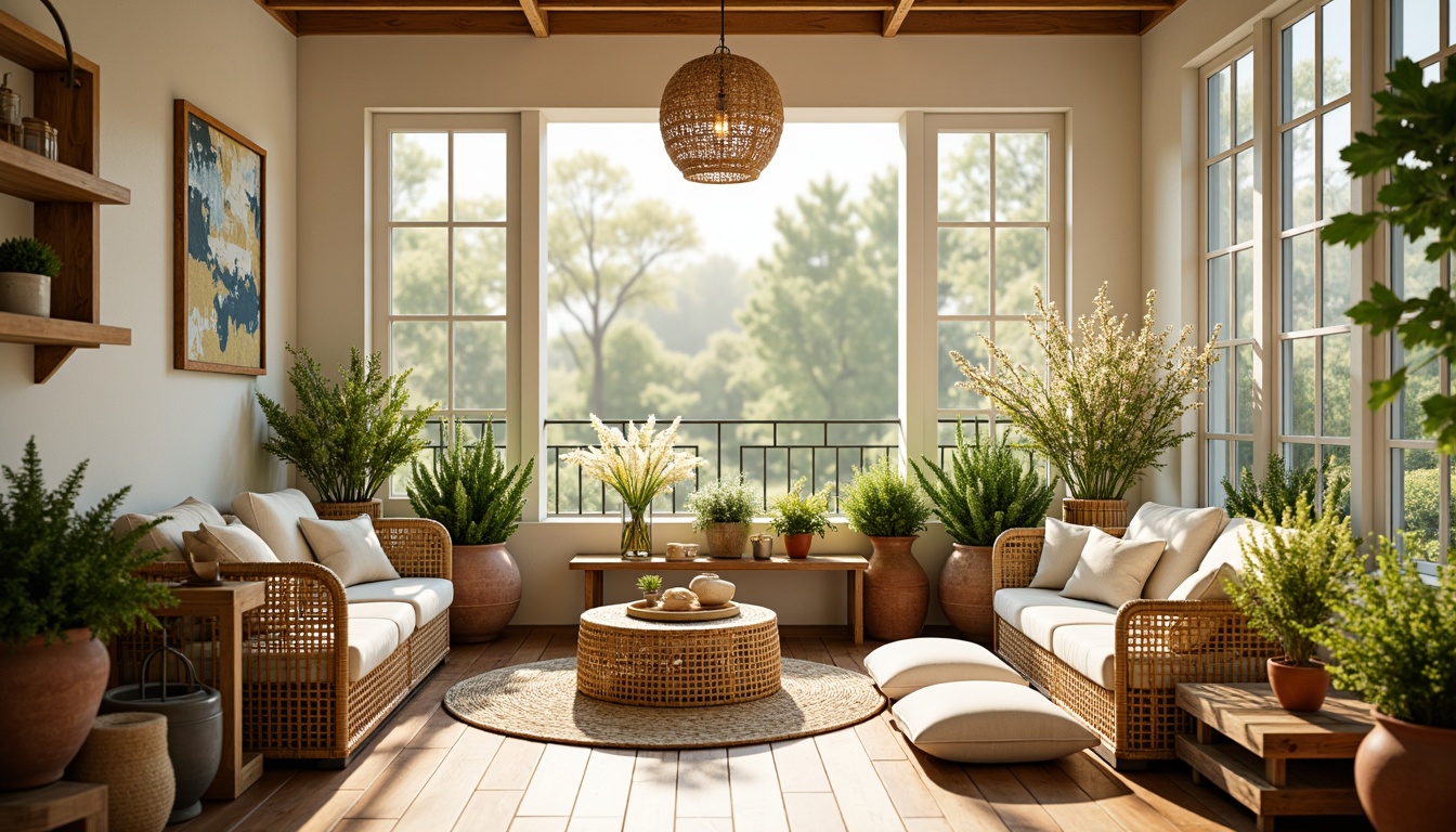 Prompt: Vibrant sunroom, warm natural light, soft pastel colors, creamy whites, gentle yellows, calming blues, lush greenery, blooming flowers, woven wicker furniture, plush cushions, natural textiles, reclaimed wood accents, rustic metal decorations, earthy terracotta pots, serene ambiance, warm atmosphere, cozy reading nook, refreshing morning views, bright afternoon sunbeams, soft warm lighting, shallow depth of field, 3/4 composition, panoramic view.