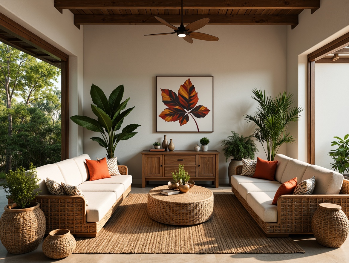 Prompt: Tropical family room, rattan furniture, woven textiles, natural fibers, earthy tones, vibrant colors, exotic patterns, lush greenery, potted plants, wooden accents, wicker baskets, coastal vibes, warm lighting, cozy throw pillows, plush area rugs, organic shapes, minimalist decor, nature-inspired artwork, subtle textures, relaxed atmosphere, soft focus, 1/1 composition, intimate view, warm color palette.