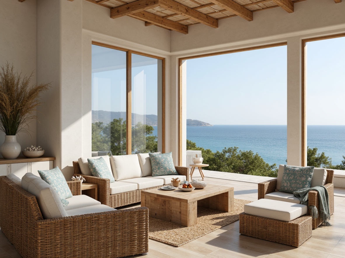 Prompt: Seaside villa, ocean views, floor-to-ceiling windows, sliding glass doors, natural wood accents, woven rattan furniture, creamy white walls, soft blue-gray hues, nautical decor, coral-inspired patterns, driftwood coffee tables, woven sea grass rugs, shell-shaped decorative accessories, beachy textiles, warm sunny ambiance, indirect lighting, 1/1 composition, shallow depth of field, realistic renderings.