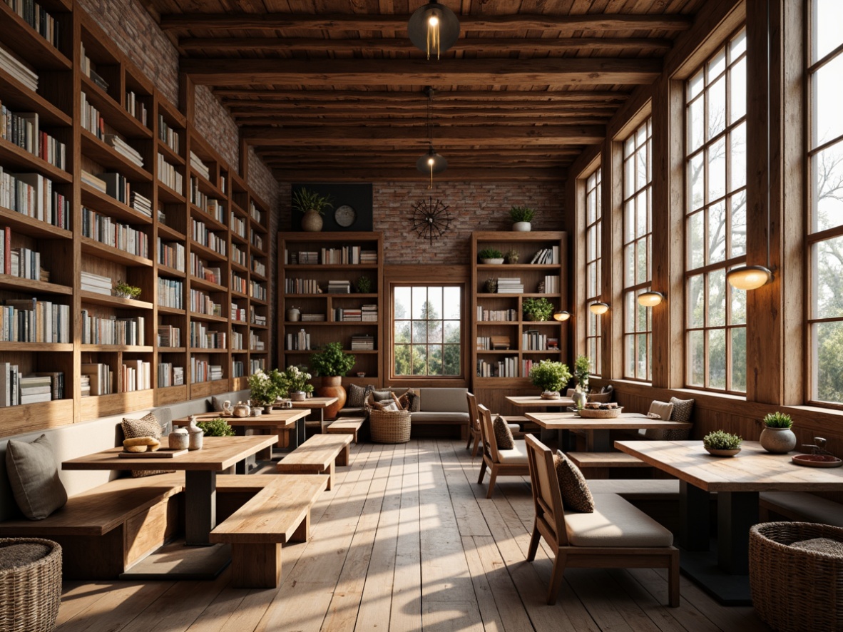 Prompt: Rustic wooden benches, vintage-inspired desks, earthy color palette, natural textiles, woven baskets, distressed wood accents, cozy reading nooks, built-in bookshelves, pendant lamps, wooden ceiling beams, brick walls, large windows, soft warm lighting, shallow depth of field, 3/4 composition, panoramic view, realistic textures, ambient occlusion.