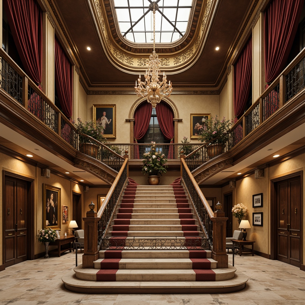 Prompt: Grand staircase, ornate balustrades, carved wooden handrails, intricate ironwork, polished marble steps, majestic columns, classical arches, ornamental ceiling details, crystal chandeliers, lavish furnishings, rich velvet drapes, stately landings, sweeping curves, elegant proportions, refined moldings, subtle lighting accents, warm golden tones, luxurious textures, 1/2 composition, low-angle shot, dramatic shadows.