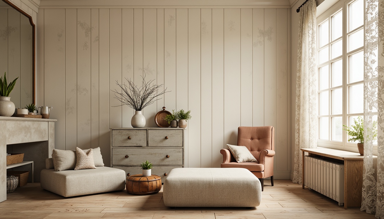 Prompt: Soft cream walls, distressed wood accents, vintage metal storage units, lace curtains, antique furniture pieces, floral patterns, pastel hues, warm beige tones, rustic charm, cozy atmosphere, natural light, softbox lighting, 3/4 composition, shallow depth of field, realistic textures.