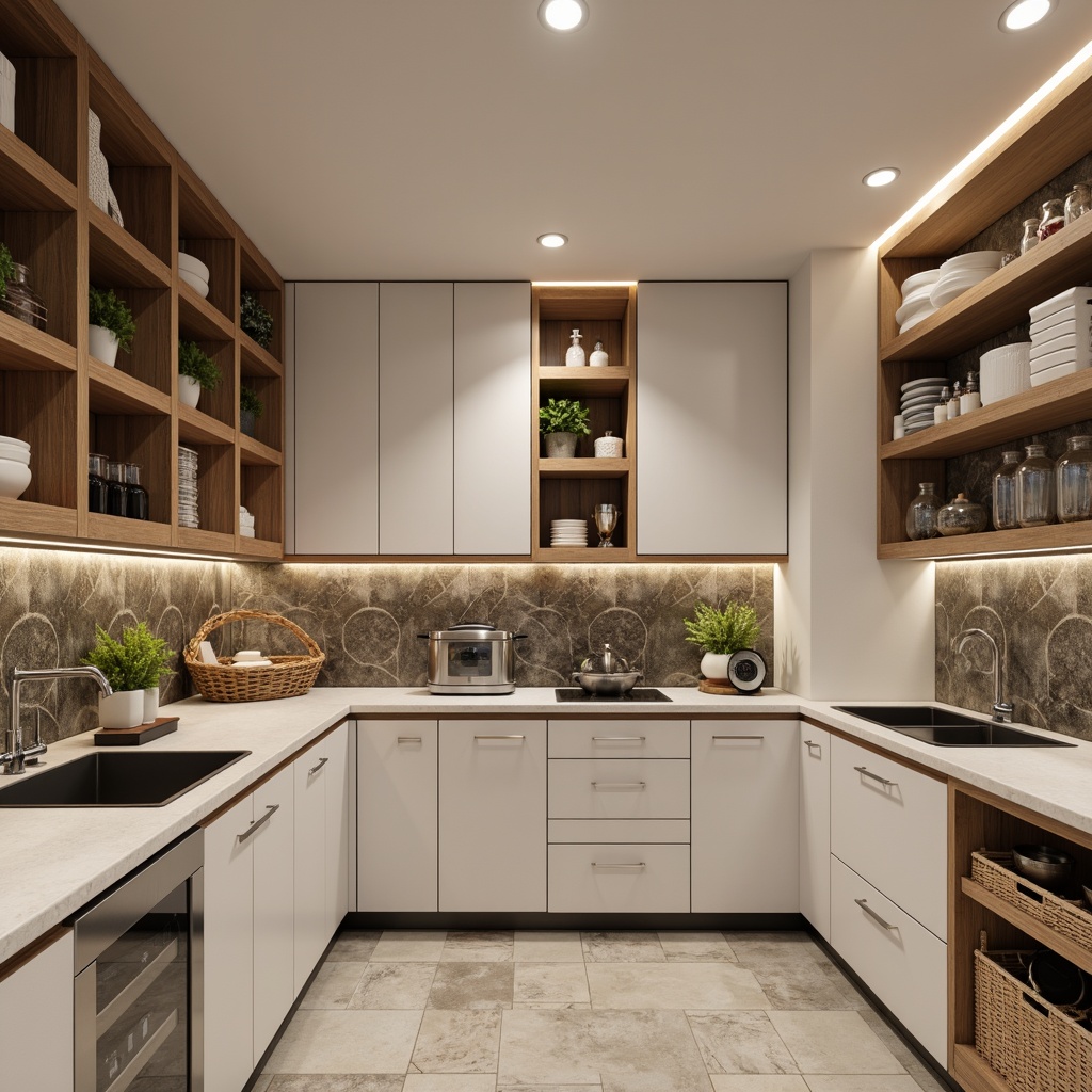 Prompt: Modern pantry, sleek cabinetry, handle-free doors, soft-close drawers, minimalist hardware, matte white finishes, warm wood accents, recessed lighting, LED strip lights, glass shelves, stainless steel countertops, chrome fixtures, modern appliances, built-in coffee makers, wine refrigerators, pull-out trash cans, slide-out spice racks, floor-to-ceiling storage, open shelving, geometric tile backsplashes, natural stone flooring, warm neutral color palette, soft ambient lighting, 3/4 composition, realistic textures.