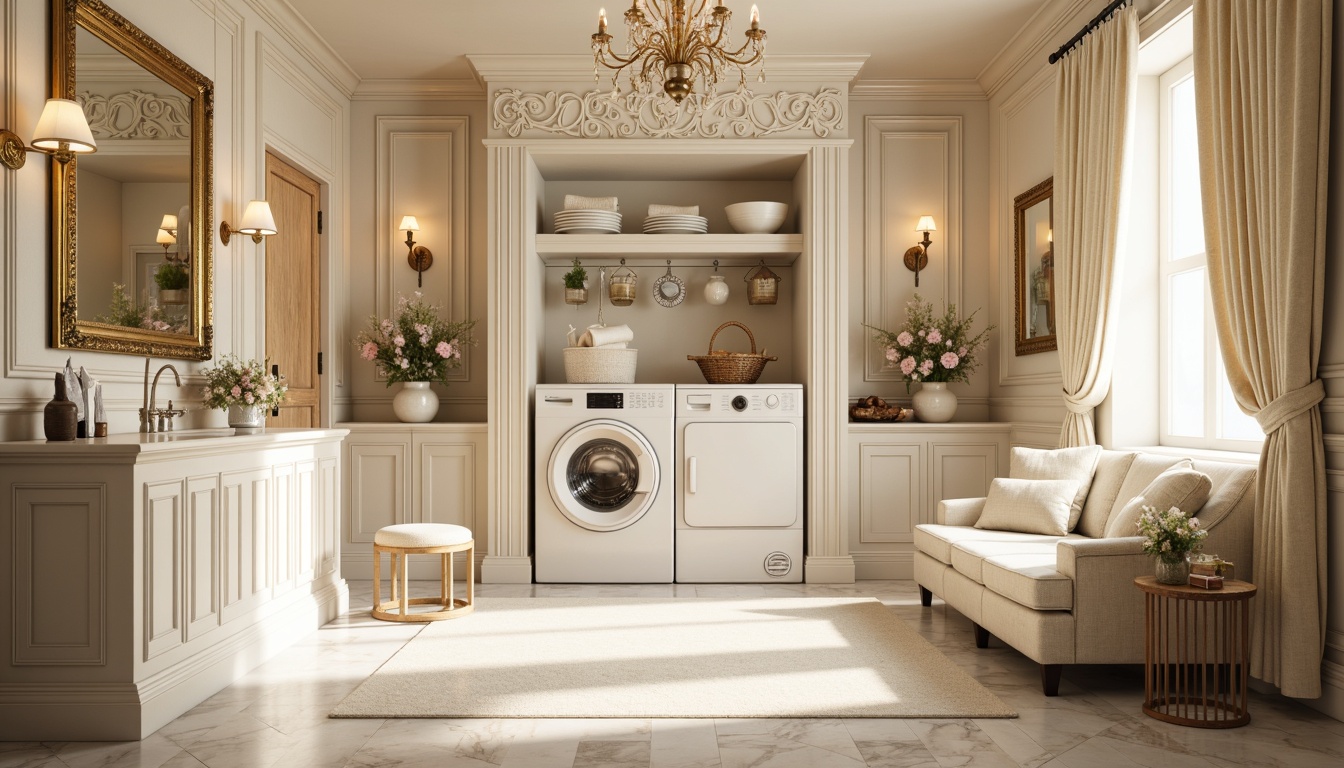 Prompt: Luxurious laundry room, soft creamy whites, warm beige tones, rich gold accents, delicate pastel hues, ornate mirrors, intricate carvings, elegant chandeliers, plush velvet drapes, subtle marble textures, lavish crystal fixtures, opulent furnishings, refined Rococo patterns, airy natural light, gentle warm glow, shallow depth of field, 1/1 composition, realistic reflections, ambient occlusion.