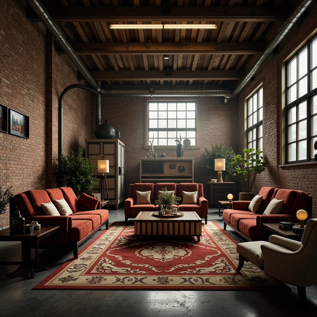 Prompt: Industrial factory setting, Art Deco style furniture, metallic accents, polished wood surfaces, luxurious velvet upholstery, geometric patterns, ornate metalwork, vintage machinery, exposed brick walls, distressed concrete floors, reclaimed wood beams, industrial lighting fixtures, Edison bulbs, moody atmospheric lighting, dramatic shadows, cinematic composition, 1/2 camera angle, warm color grading, subtle film grain.