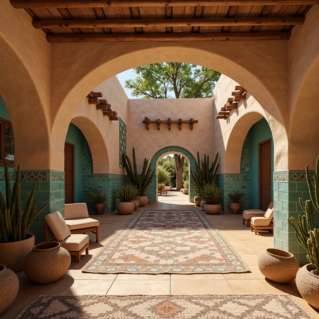 Prompt: Earth-toned adobe walls, rustic wooden accents, vibrant turquoise tiles, geometric patterned textiles, woven Native American-inspired baskets, natural fiber rugs, warm sandy floors, desert botanicals, cactus silhouettes, sunny afternoon light, soft warm shadows, shallow depth of field, 3/4 composition, panoramic view, realistic textures, ambient occlusion.