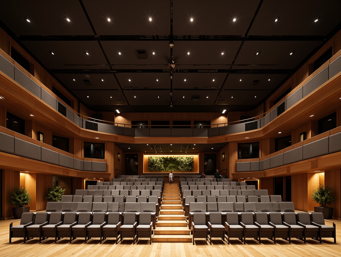 Prompt: Sophisticated auditorium interior, tiered seating, wooden floorboards, sound-absorbing acoustic panels, curved walls, recessed lighting, professional audio equipment, microphone stands, speaker systems, soundproofing materials, dark-colored upholstery, minimal echo, optimal reverberation time, balanced frequency response, clear vocal clarity, detailed instrumental separation, immersive audience experience, natural ambient light, soft warm glow, 1/1 composition, shallow depth of field, realistic textures.