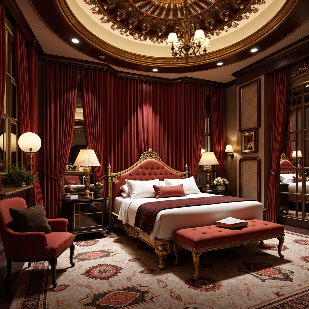 Prompt: Luxurious bedroom, opulent furniture, velvet drapes, ornate mirrors, metallic accents, geometric patterns, bold color schemes, statement lighting fixtures, lavish textiles, curved lines, symmetrical composition, high-contrast values, dramatic shadows, glamorous atmosphere, Hollywood Regency style, vintage decorative elements, elegant accessories, sophisticated ambiance, softbox lighting, shallow depth of field, 2/3 composition, ornate headboards, tufted upholstery, metallic leaf accents.