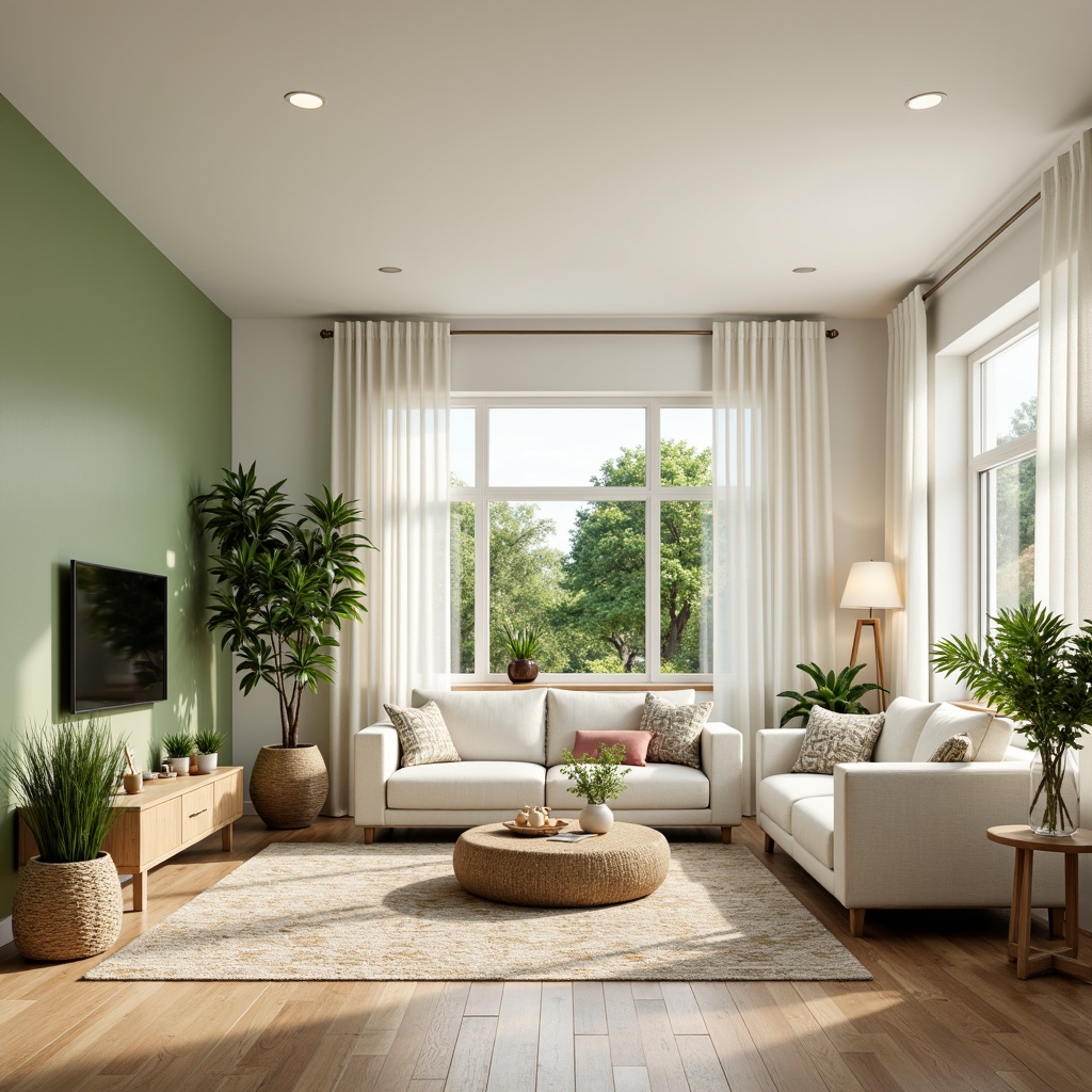 Prompt: Inviting living room, light green accent walls, soft creamy white furniture, natural wood flooring, minimalist decor, plenty of natural light, large windows, sheer white curtains, comfortable plush sofas, vibrant green plants, subtle geometric patterns, warm beige rugs, ambient soft lighting, shallow depth of field, 1/1 composition, realistic textures, calming atmosphere.