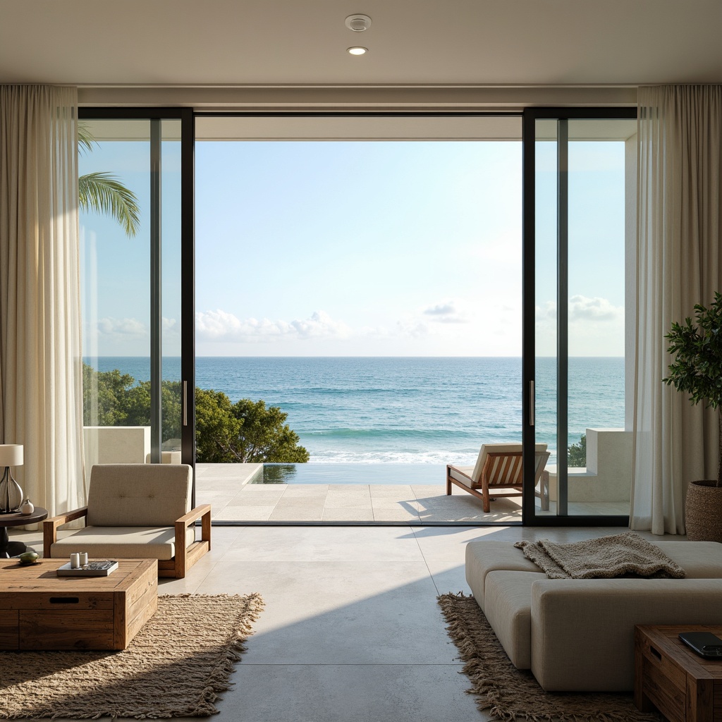 Prompt: Seaside coastal villa, ocean views, large windows, glass accents, transparent doors, minimalist decor, beachy color palette, soft natural lighting, reflective surfaces, sea-inspired patterns, driftwood furniture, woven textiles, natural fiber rugs, calming ambiance, gentle breezes, sound of waves, serene atmosphere, 1/1 composition, shallow depth of field, realistic reflections, ambient occlusion.