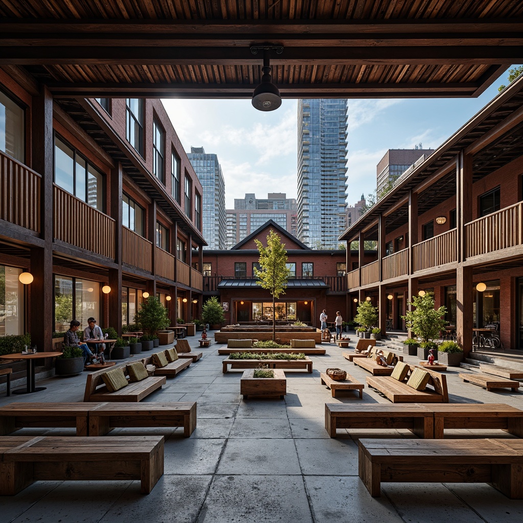 Prompt: Rustic industrial amphitheater, reclaimed wooden benches, metal frame structures, exposed brick walls, vintage factory lighting, distressed concrete floors, urban cityscape views, dynamic seating arrangement, tiered levels, communal gathering spaces, eclectic mix of materials, bold color accents, edgy architectural details, dramatic shadowing, high-contrast lighting, cinematic atmosphere, wide-angle lens capture, shallow depth of field, 2/3 composition.