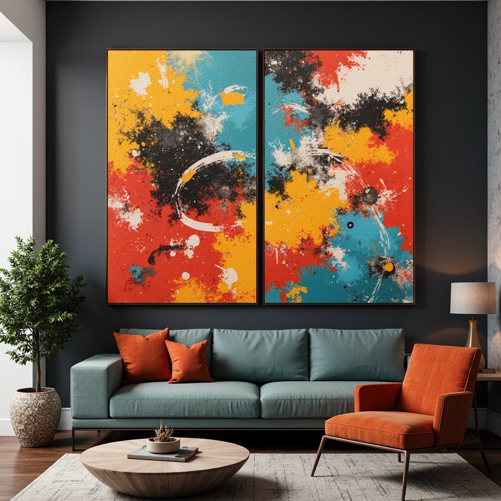 Prompt: Vibrant abstract artwork, eclectic color palette, bold brushstrokes, textured canvas, modern frame, sleek metal accents, futuristic aesthetic, dynamic composition, 3D visual effects, soft warm lighting, shallow depth of field, panoramic view, realistic textures, ambient occlusion.