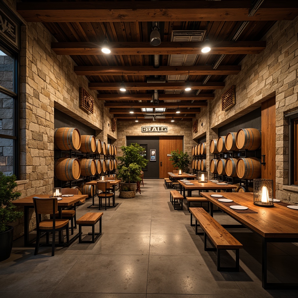 Prompt: Rustic winery interior, reclaimed wood accents, industrial metal beams, vintage wine barrels, stone walls, earthy tones, warm ambient lighting, wooden crates, metal lanterns, distressed finishes, urban-chic decor, modern minimalist furniture, polished concrete floors, exposed ductwork, wine tasting tables, barrel-aging cellars, natural textures, rich leathery aromas, dimly lit atmosphere, shallow depth of field, 2/3 composition, warm golden lighting.