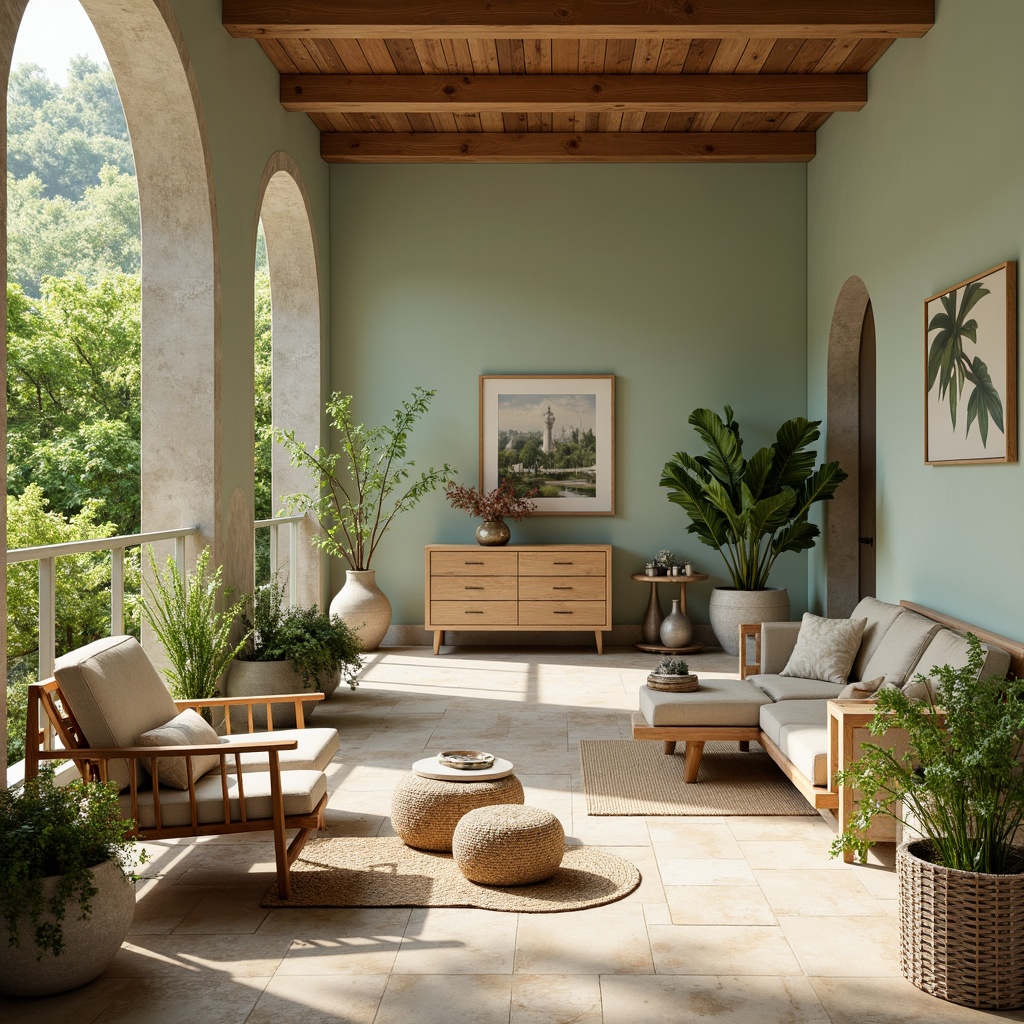 Prompt: Soft mint walls, warm beige accents, creamy whites, rich wood tones, natural stone flooring, lush greenery, potted plants, comfortable seating areas, cozy throw blankets, soft warm lighting, shallow depth of field, 1/1 composition, realistic textures, ambient occlusion.