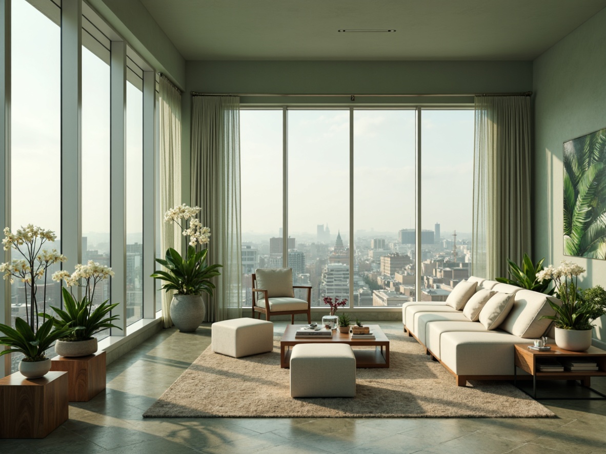 Prompt: Luxurious penthouse, celadon-inspired color scheme, soft sage green walls, creamy white accents, rich wood tones, metallic silver fixtures, floor-to-ceiling windows, breathtaking cityscape views, modern minimalist decor, sleek low-profile furniture, plush area rugs, warm ambient lighting, subtle texture variations, atmospheric misting effects, 3/4 composition, shallow depth of field, realistic reflections, vibrant greenery, blooming orchids, natural stone flooring, sophisticated elegance.