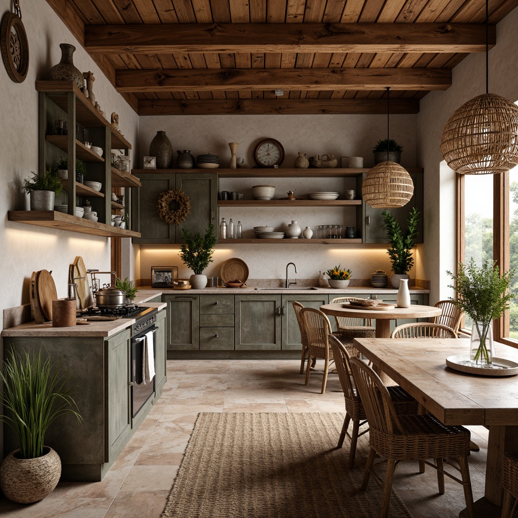 Prompt: Rustic farmhouse, reclaimed wood accents, distressed metal finishes, earthy tone ceramics, natural stone countertops, woven wicker furniture, vintage decorative items, soft warm lighting, shallow depth of field, 3/4 composition, panoramic view, realistic textures, ambient occlusion.