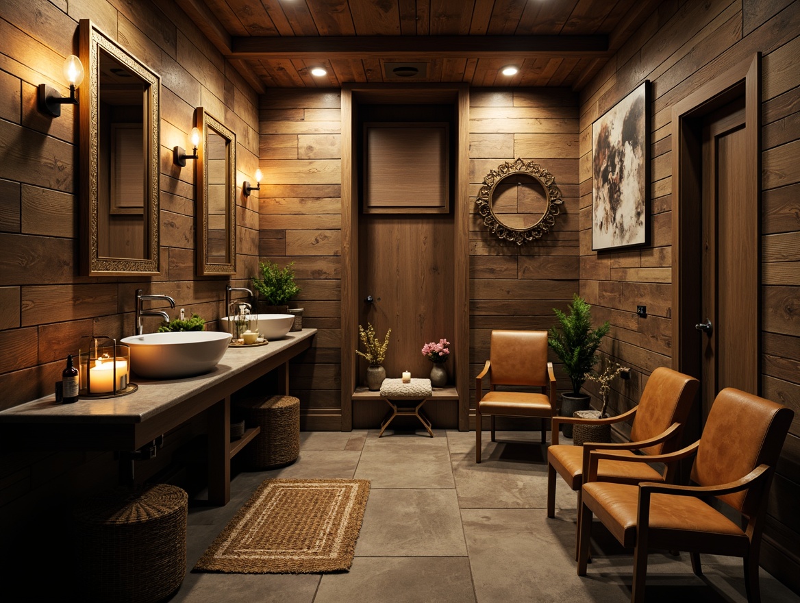 Prompt: Rustic powder room, distressed wood plank walls, reclaimed wooden accents, earthy stone flooring, natural fiber rugs, vintage metal fixtures, worn leather armchairs, antique decorative mirrors, warm candlelighting, soft focus, shallow depth of field, 1/1 composition, moody atmospheric lighting, realistic textures, ambient occlusion.