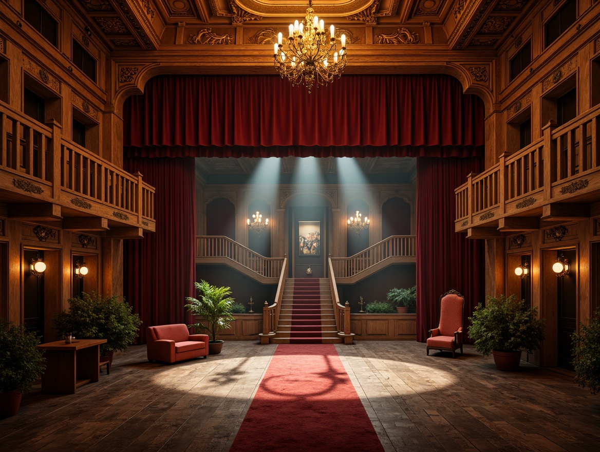 Prompt: Rustic wooden stage, velvet curtains, golden ornaments, soft warm lighting, intimate setting, ornate chandeliers, distressed wood flooring, luxurious red carpet, grandiose staircases, elegant balconies, intricate moldings, rich tapestries, French Renaissance-inspired architecture, vintage props, classic theatrical backdrops, dramatic spotlights, 3/4 composition, shallow depth of field, cinematic atmosphere.