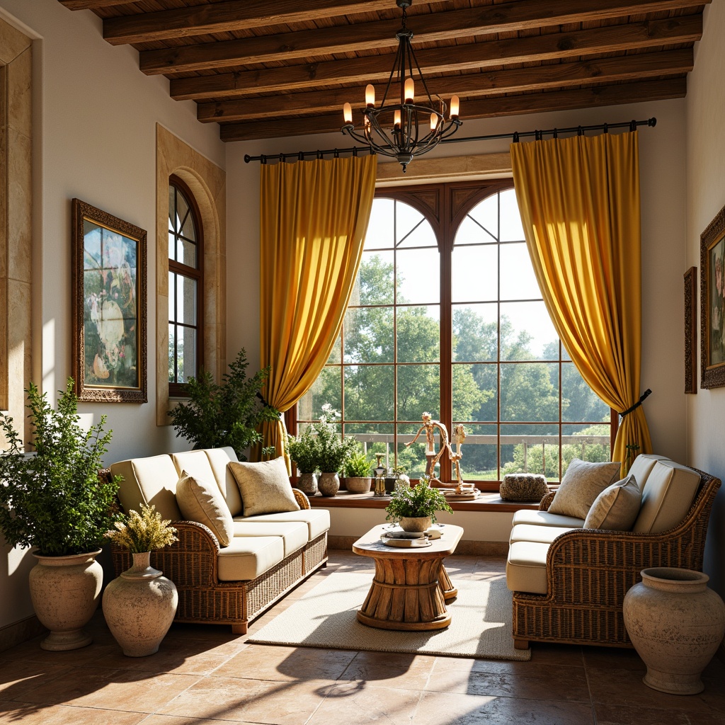 Prompt: Vibrant sunroom, Renaissance-inspired decor, warm natural light, comfortable wicker furniture, plush cushions, ornate wooden accents, elegant velvet drapes, rustic stone flooring, decorative ceramic vases, lush greenery, blooming flowers, soft pastel colors, creamy whites, golden yellows, intricate carvings, luxurious fabrics, statement lighting fixtures, cozy reading nooks, scenic outdoor views, serene atmosphere, warm beige tones, distressed wood finishes, elegant metalwork, sophisticated lines, harmonious proportions.