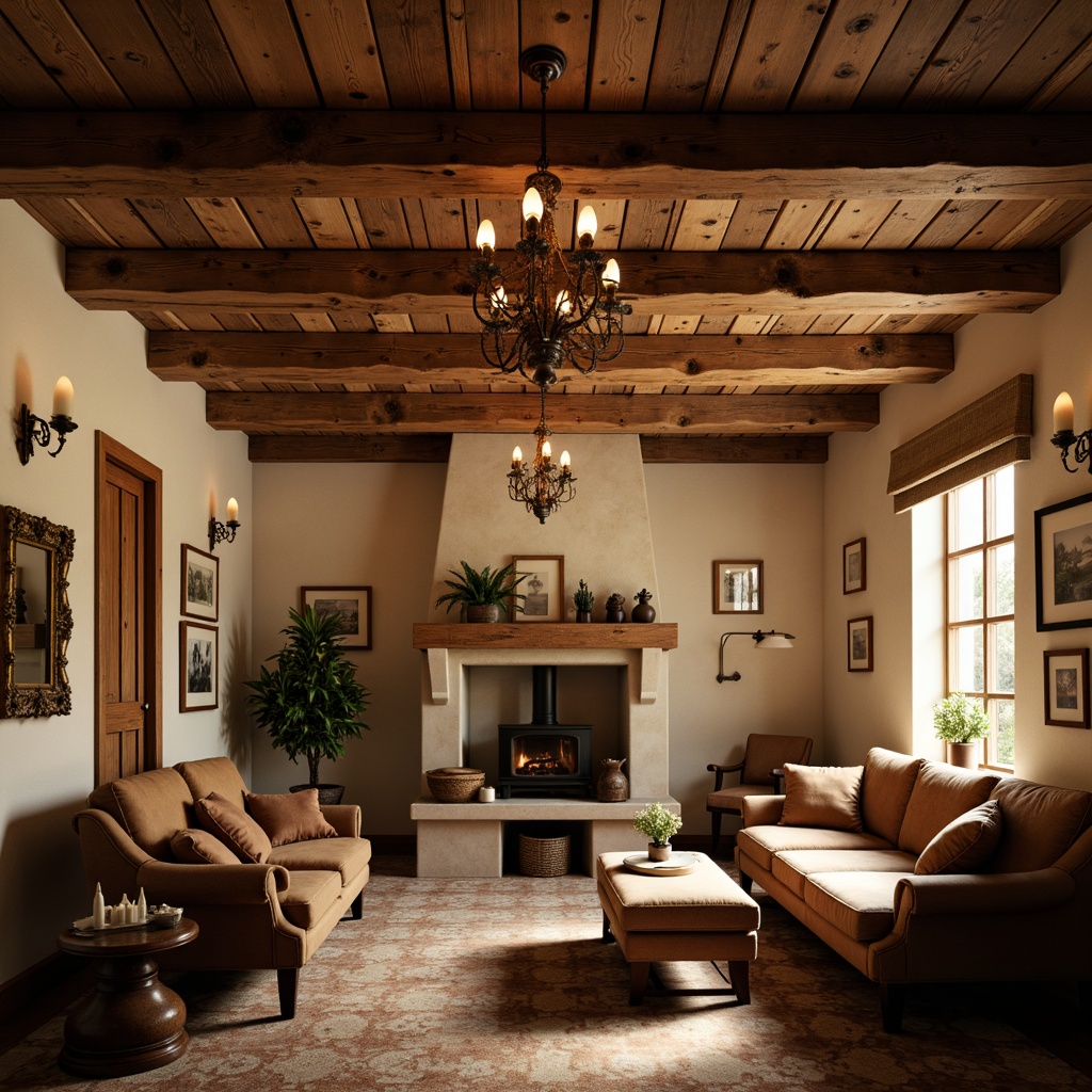 Prompt: Rustic country charm, distressed wood ceiling beams, ornate metal straps, vintage wooden furniture, soft golden lighting, warm beige walls, elegant chandeliers, plush velvet fabrics, antique decorative accents, cinematic framing, shallow depth of field, 2/3 composition, warm color palette, soft focus background, natural textures, ambient occlusion.