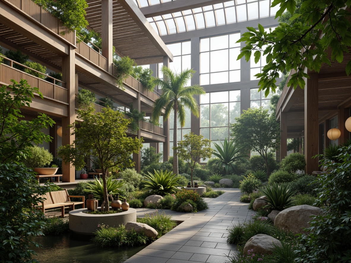 Prompt: Sleek Asian-style greenhouse, lush tropical plants, vibrant greenery, natural wood accents, bamboo structures, paper lanterns, misty atmosphere, warm soft lighting, shallow depth of field, 1/2 composition, realistic textures, ambient occlusion, exotic flowers, delicate bonsai trees, tranquil water features, stone pathways, rustic wooden benches, serene ambiance, gentle breeze, morning dew, subtle shadows.