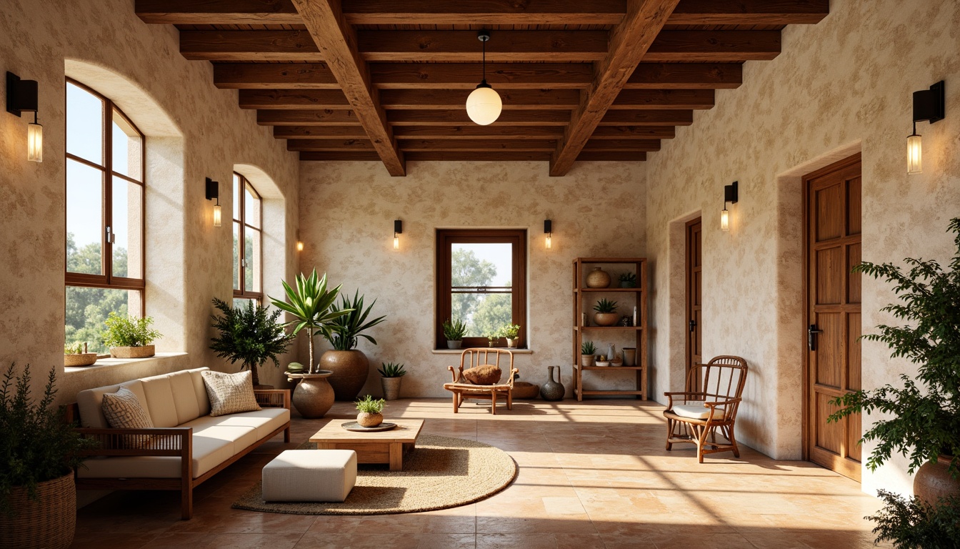 Prompt: Warm Mediterranean ambiance, rustic stone walls, wooden beam ceilings, large windows, natural light pouring in, soft warm lighting, pendant lamps, metal lanterns, warm beige tones, earthy color palette, textured terracotta floors, vintage gym equipment, distressed wood accents, woven rattan furniture, lush greenery, potted plants, aromatic herbs, open spaces, high ceilings, dramatic archways, ambient occlusion, realistic textures, 3/4 composition, shallow depth of field.