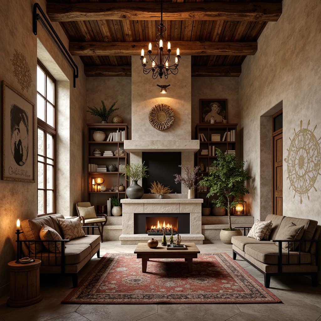 Prompt: Rustic stone foundation, earthy tones, soft candlelight, distressed wood accents, vintage furniture, plush area rugs, rich velvet fabrics, subtle floral patterns, warm beige walls, cozy nooks, wooden beam ceilings, ornate metal chandeliers, rustic ladder bookshelves, natural fiber upholstery, woven basket storage, delicate lace trimmings, muted color palette, softbox lighting, 1/1 composition, intimate atmosphere, realistic textures, ambient occlusion.