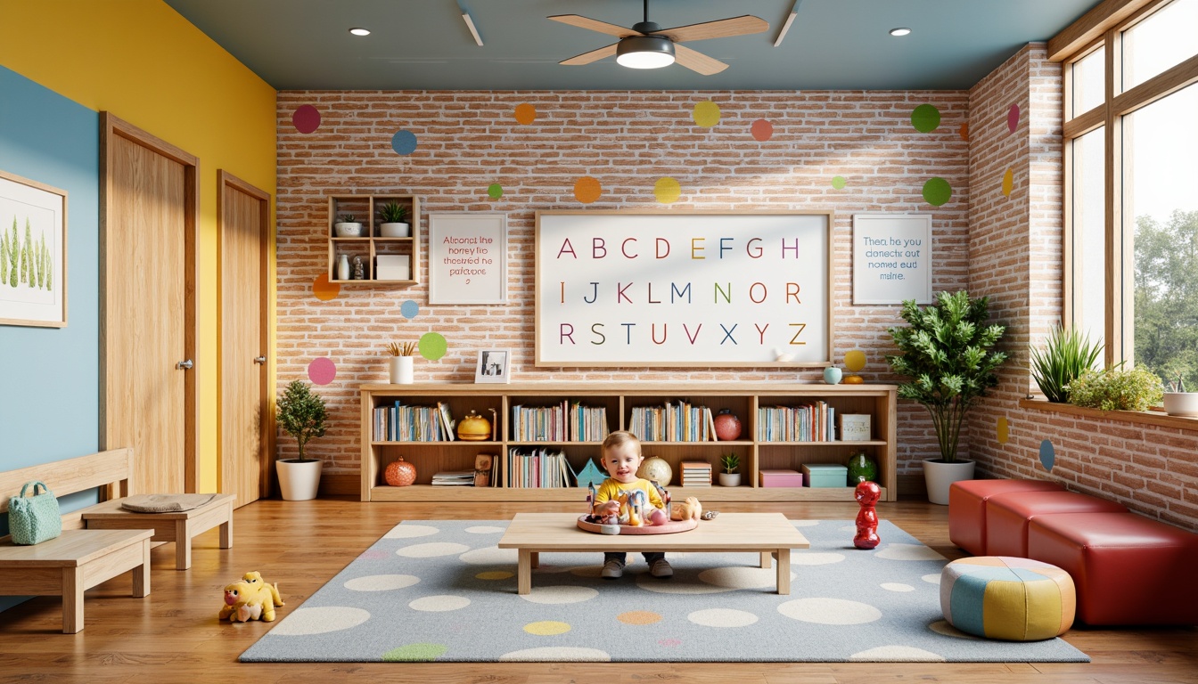 Prompt: Vibrant kindergarten interior, playful wall textures, colorful brick walls, whimsical stencils, fun polka dots, lively stripes, educational alphabet murals, interactive whiteboard surfaces, soft pastel colors, natural wood accents, cozy reading nooks, creative art displays, inspirational quotes, modern minimalist shelving, eclectic furniture arrangements, warm ambient lighting, shallow depth of field, 1/1 composition, realistic textures, ambient occlusion.