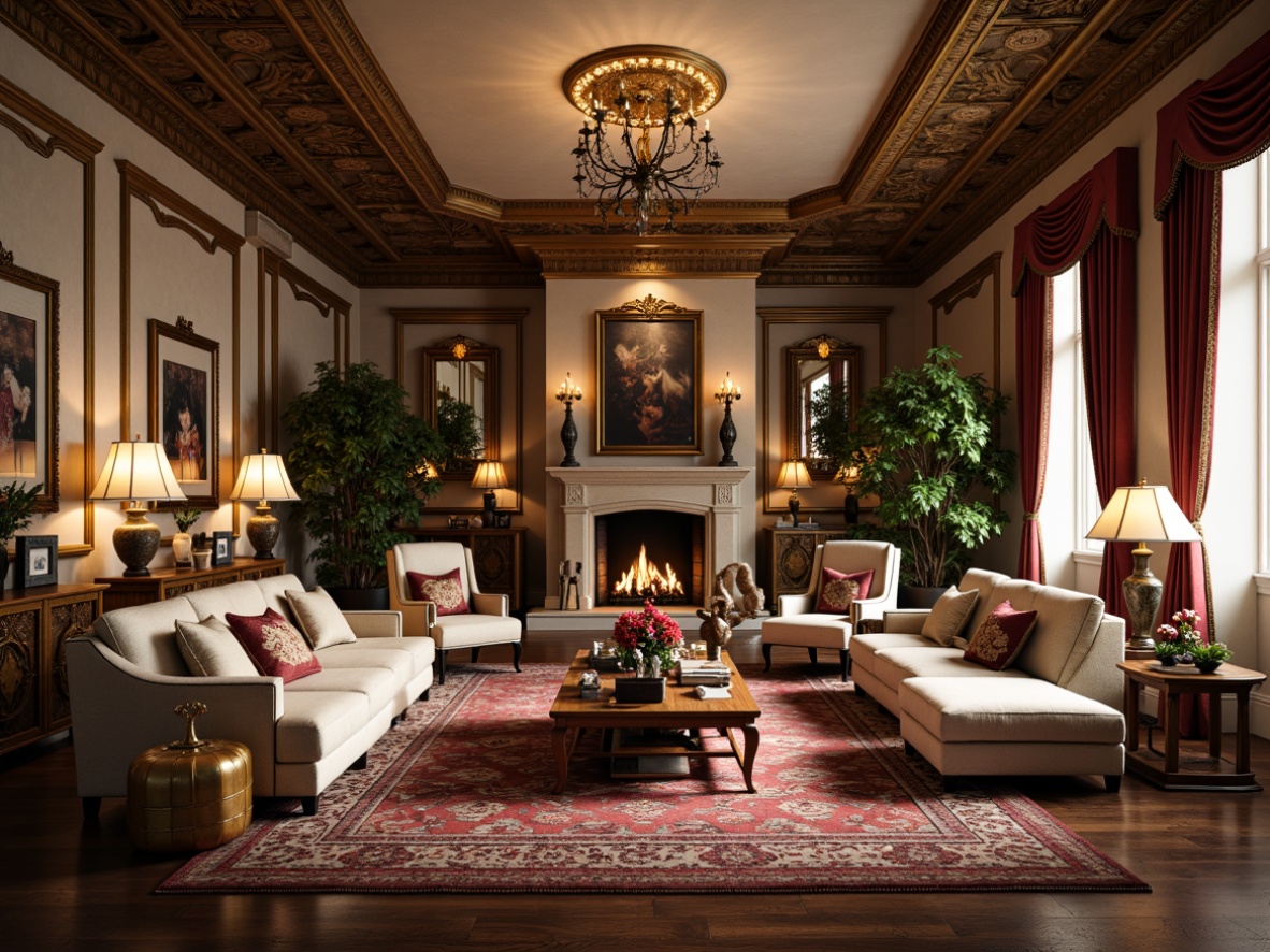 Prompt: Opulent family room, intricately carved wooden furniture, sinuous lines, flowing curves, organic motifs, lavish textiles, velvety soft upholstery, ornate metalwork, delicate filigree, beveled glassware, grand chandeliers, warm golden lighting, plush area rugs, richly patterned wallpaper, highly polished wood floors, stately fireplaces, elegant archways, refined ceiling moldings, subtle color palette, natural stone accents, lavish drapery, 1/1 composition, soft focus, romantic ambiance.