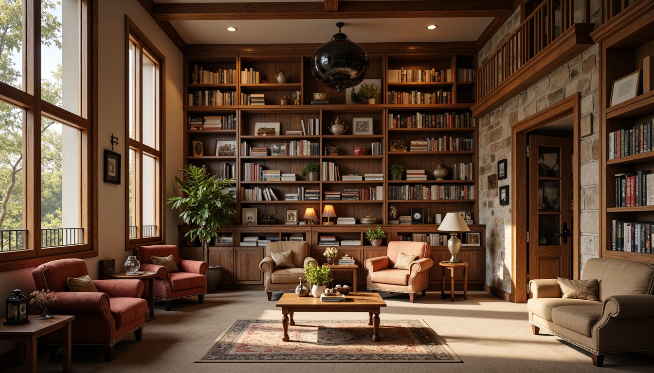 Prompt: Cozy library, French country style, distressed wood furniture, plush velvet armchairs, ornate wooden bookshelves, vintage metal lanterns, rustic stone walls, warm beige carpeting, comfortable reading nooks, antique leather sofas, wooden coffee tables, soft golden lighting, warm afternoon ambiance, shallow depth of field, 1/1 composition, realistic textures, ambient occlusion.