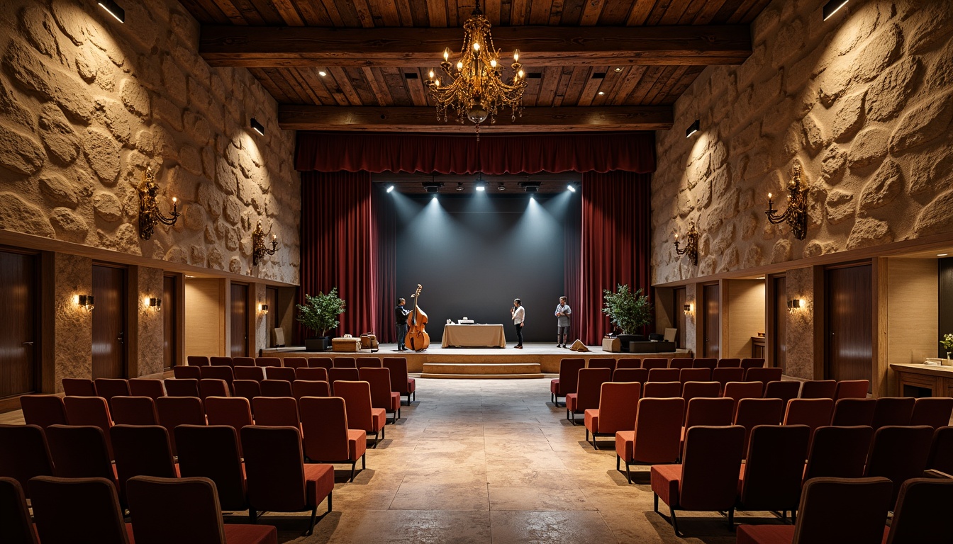 Prompt: Rustic performing arts center, textured walls, reclaimed wood accents, earthy color palette, natural stone flooring, wooden beam ceiling, vintage theater seats, spotlights, grand stage, velvet curtains, ornate chandeliers, wooden musical instruments, cozy ambiance, soft warm lighting, shallow depth of field, 3/4 composition, realistic textures, ambient occlusion.