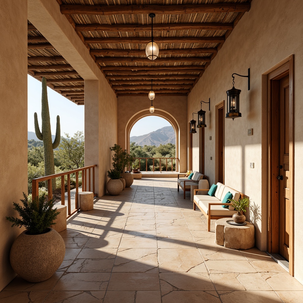 Prompt: Southwestern style hall, earthy tones, natural materials, rustic wooden accents, woven textiles, turquoise decorative elements, geometric patterns, adobe-inspired architecture, warm beige stucco walls, reclaimed wood flooring, vintage metal lanterns, cozy seating areas, desert landscape views, cacti and succulents, bright sunny day, soft warm lighting, shallow depth of field, 3/4 composition, panoramic view, realistic textures, ambient occlusion.