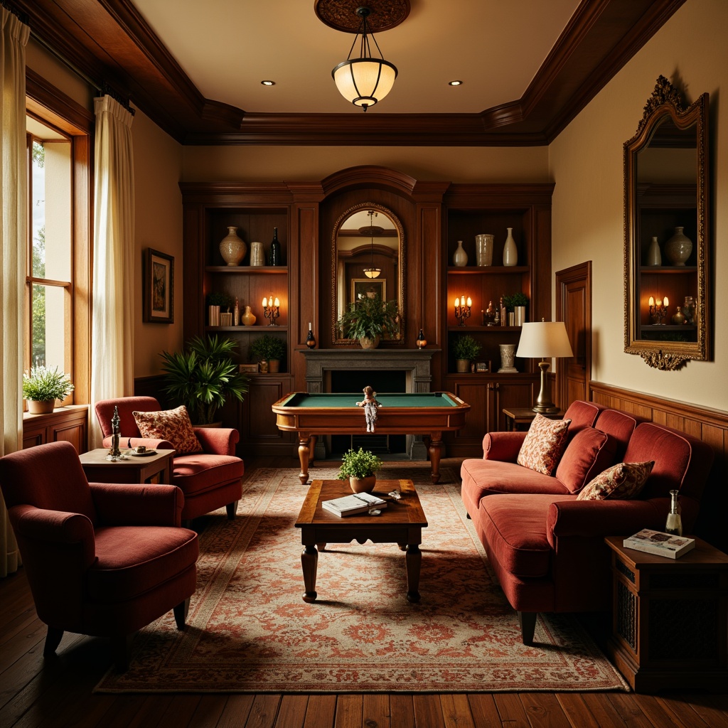 Prompt: Cozy game room, traditional wooden furniture, plush sofas, velvet armchairs, rustic coffee tables, vintage lamps, warm beige walls, rich brown flooring, ornate mirrors, classic bookshelves, decorative vases, soft golden lighting, shallow depth of field, 2/3 composition, intimate atmosphere, realistic textures, ambient occlusion.