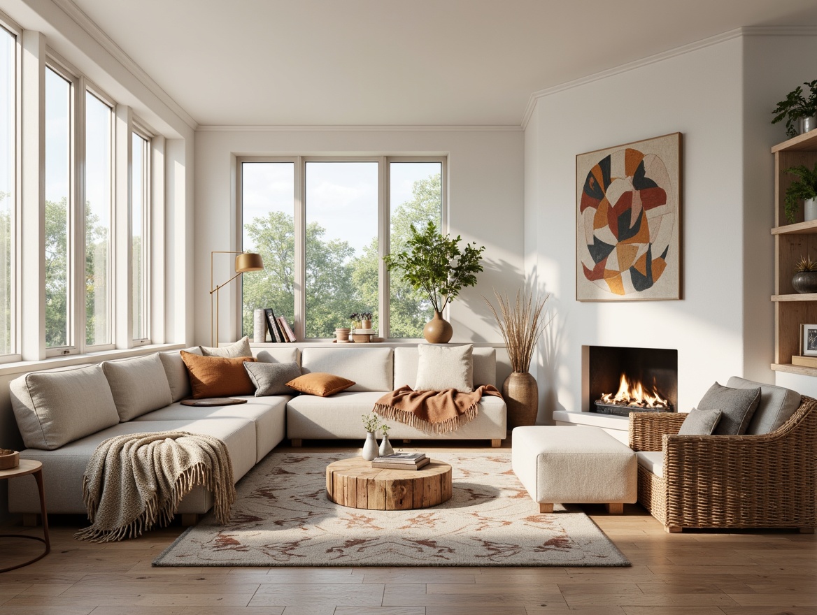 Prompt: Cozy Scandinavian living room, plush throw blankets, soft velvet pillows, woven wicker furniture, natural linen upholstery, creamy white walls, wooden floorboards, minimal decor, warm candle lighting, cozy reading nook, oversized windows, Nordic-inspired patterns, abstract geometric textiles, earthy color palette, rustic wood accents, vintage rug, calm atmosphere, shallow depth of field, 2/3 composition, softbox lighting, realistic fabric textures.